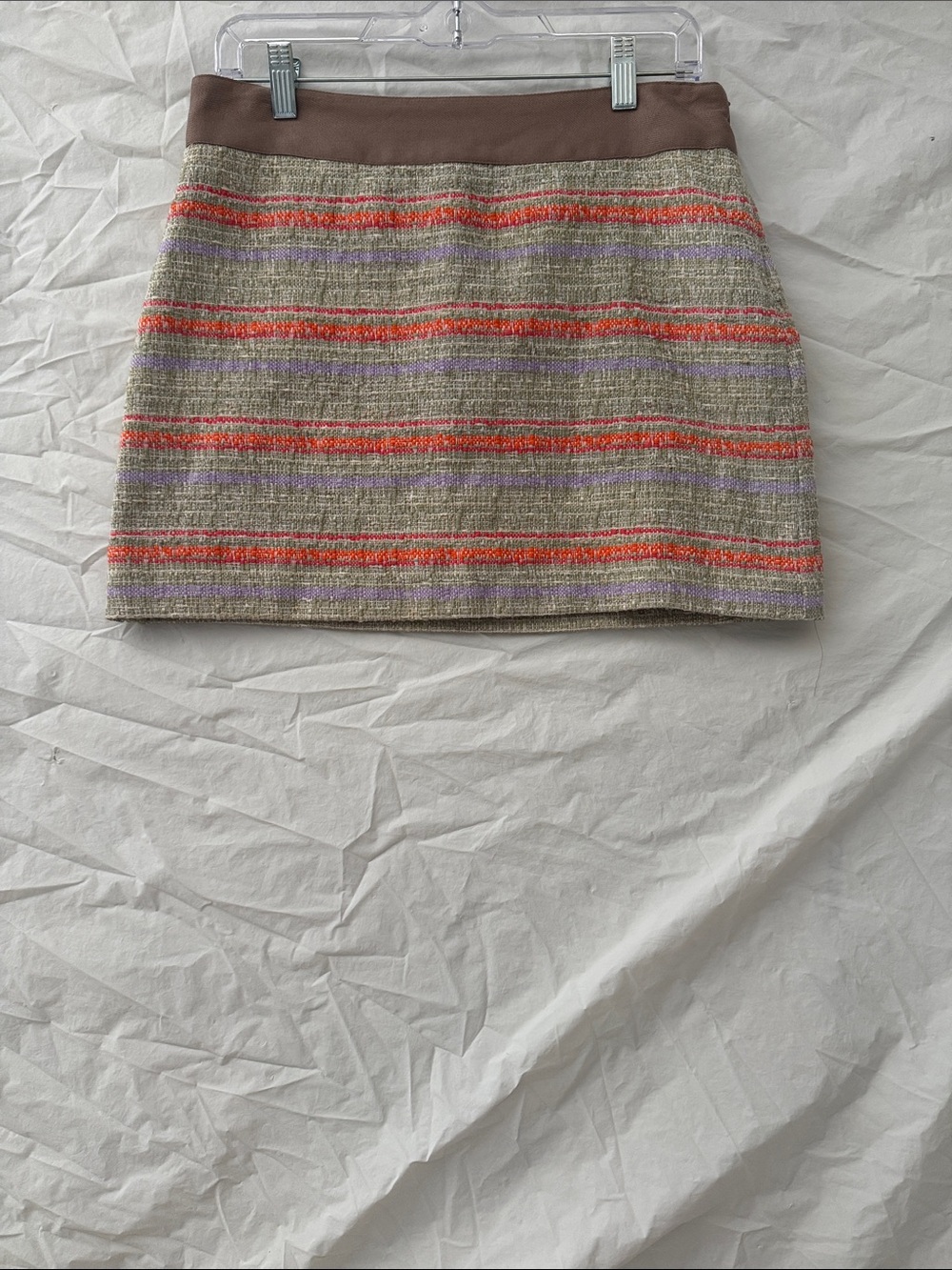 Milly Cottagecore Striped Tweed Mini Skirt in Beige, Orange, Lavender and Brown